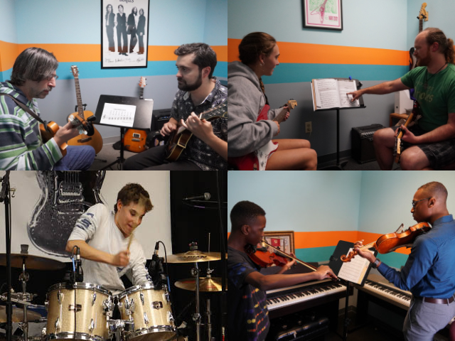 Multiple photos of students in lessons with teachers with various instrumentation.