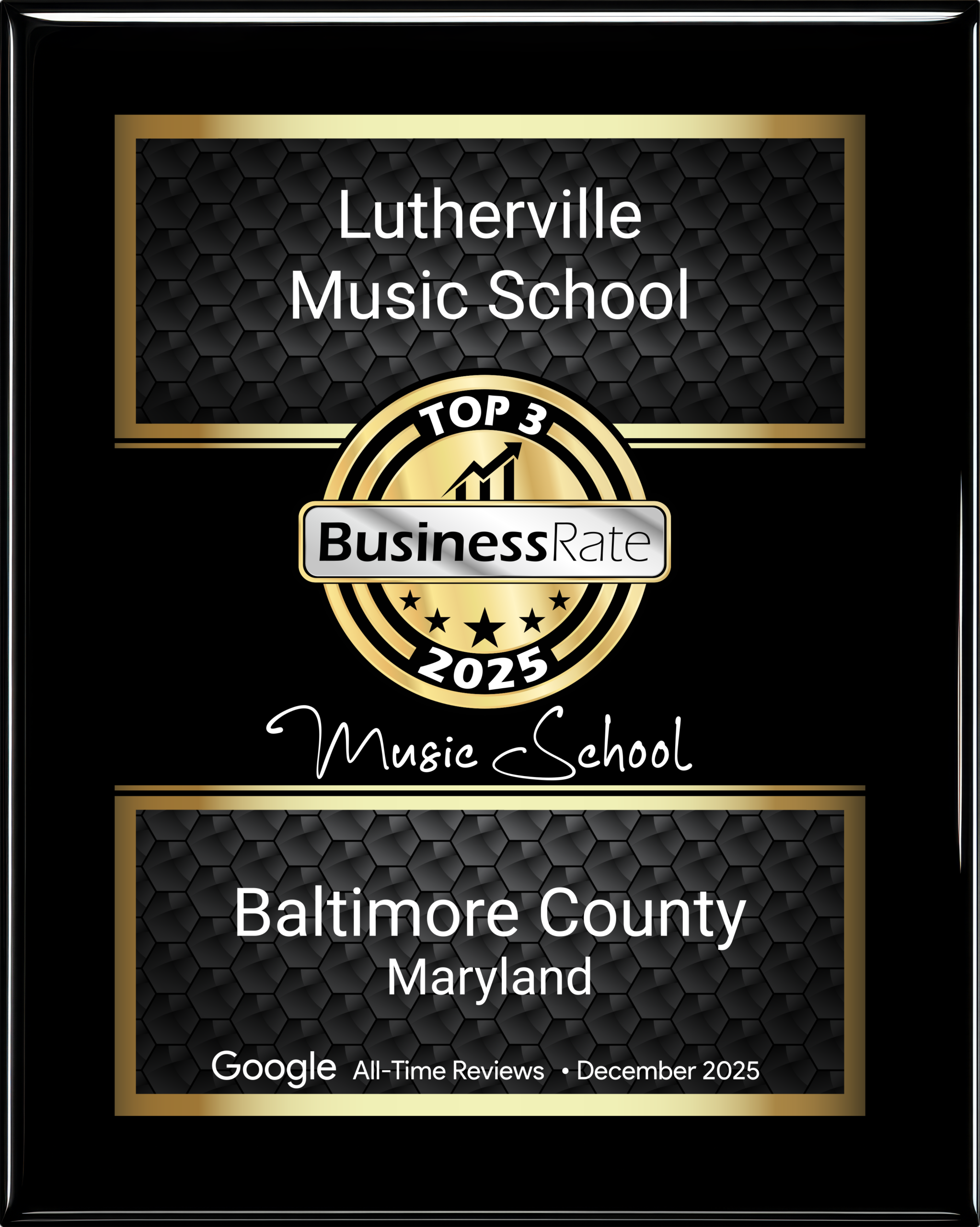 Badge showing Lutherville Music School in Business Rate's 2025 Top 3 Music Schools in Baltimore County.